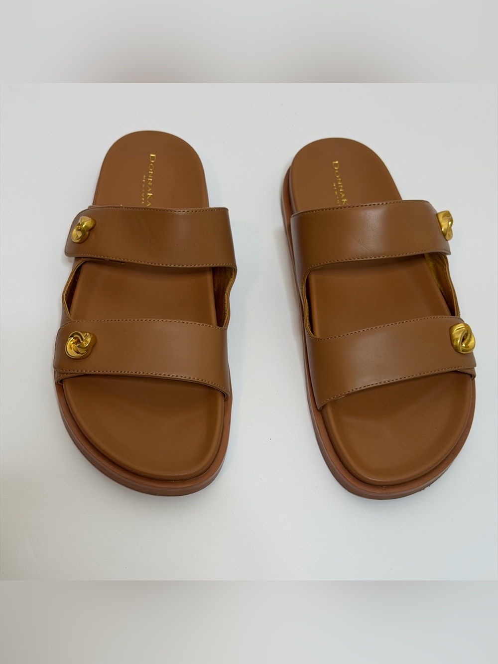 Donna Karan Hazley Cognac Leather Slip-On Sandals Double Strap Gold Accents 9 - Picture 4 of 15